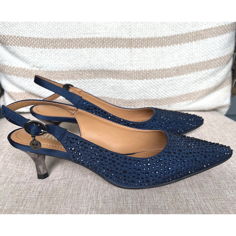 J. Renee 6.5M Ferryanne Slingback Kitten Heel Pumps Navy Blue Satin Rhinestones